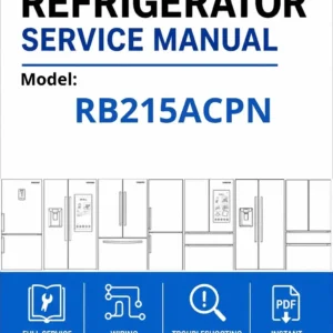 Samsung rb215acpn service manual cover with model code and showing a line drawing of the refrigerator