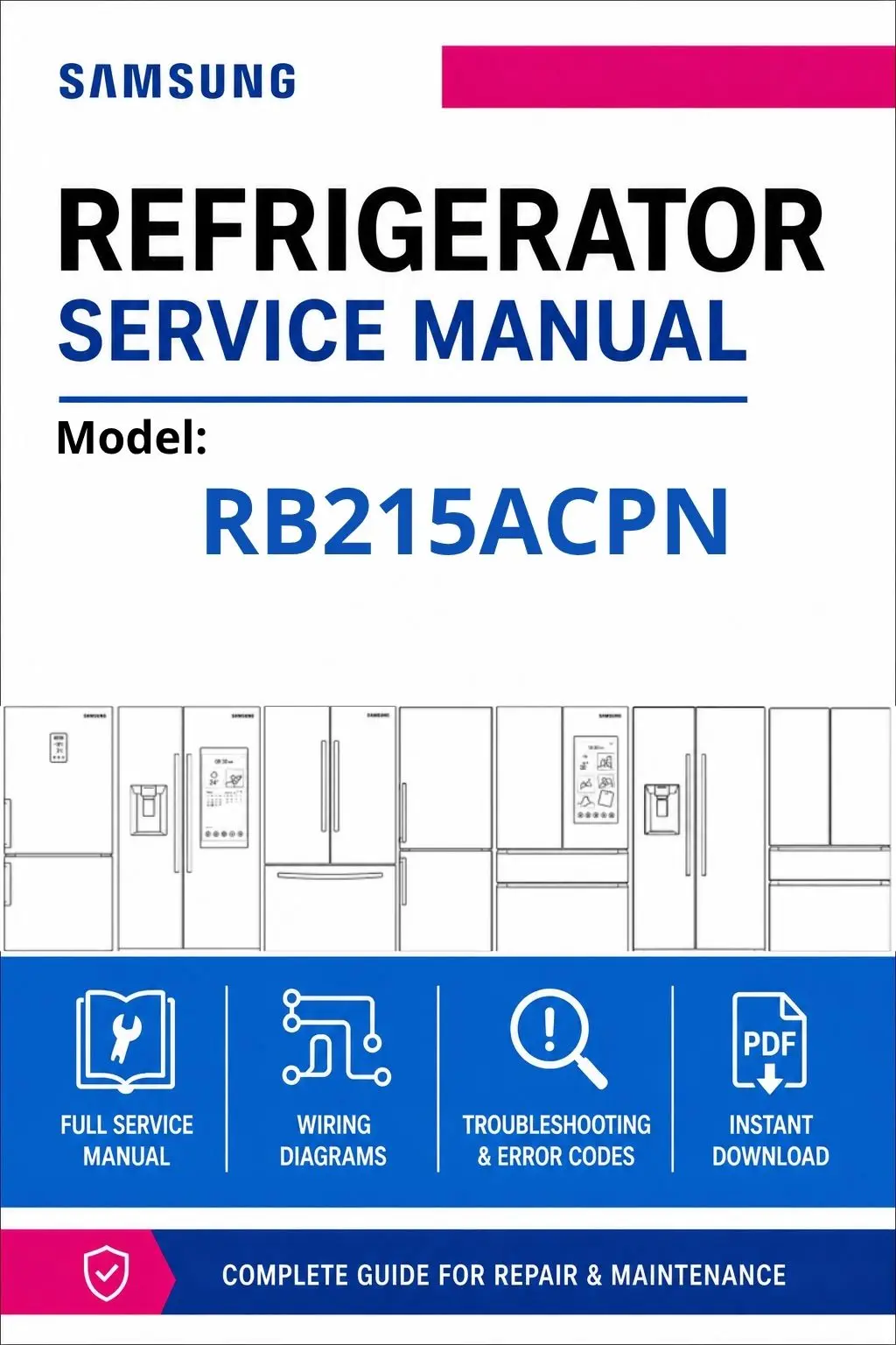 Samsung rb215acpn service manual cover with model code and showing a line drawing of the refrigerator