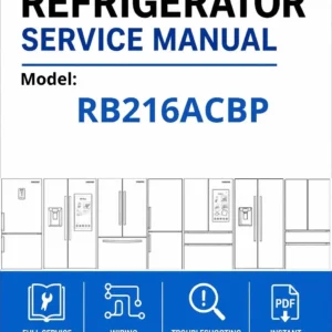 Samsung rb216acbp service manual cover with model code and showing a line drawing of the refrigerator