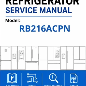 Samsung rb216acpn service manual cover with model code and showing a line drawing of the refrigerator