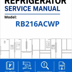 Samsung rb216acwp service manual cover with model code and showing a line drawing of the refrigerator