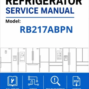 Samsung rb217abpn service manual cover with model code and showing a line drawing of the refrigerator