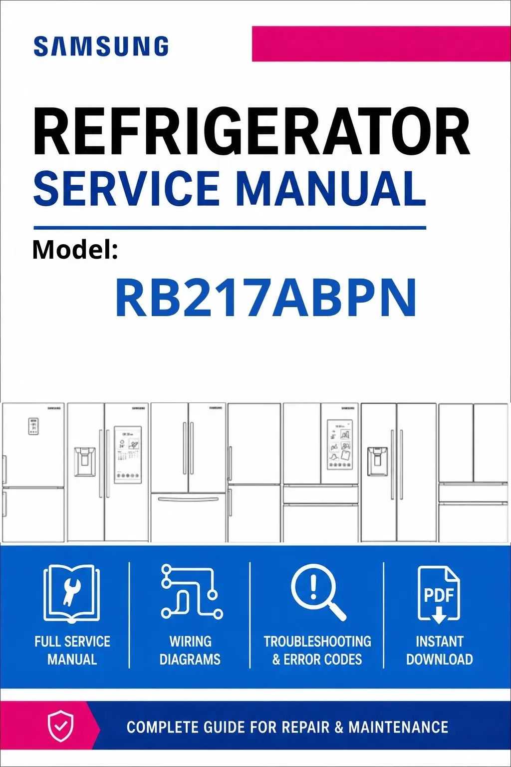 Samsung rb217abpn service manual cover with model code and showing a line drawing of the refrigerator