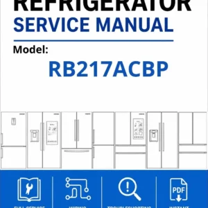 Samsung rb217acbp service manual cover with model code and showing a line drawing of the refrigerator