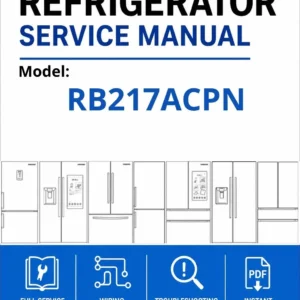 Samsung rb217acpn service manual cover with model code and showing a line drawing of the refrigerator