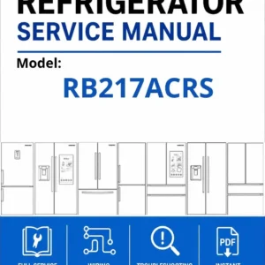 Samsung rb217acrs service manual cover with model code and showing a line drawing of the refrigerator