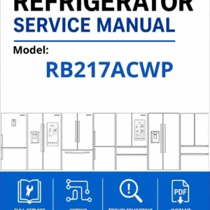 Samsung rb217acwp service manual cover with model code and showing a line drawing of the refrigerator