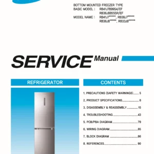 Samsung rb36j8799s4 rb36j8855s4 rb36j8797s4 service manual cover with model code and showing a line drawing of the refrigerator