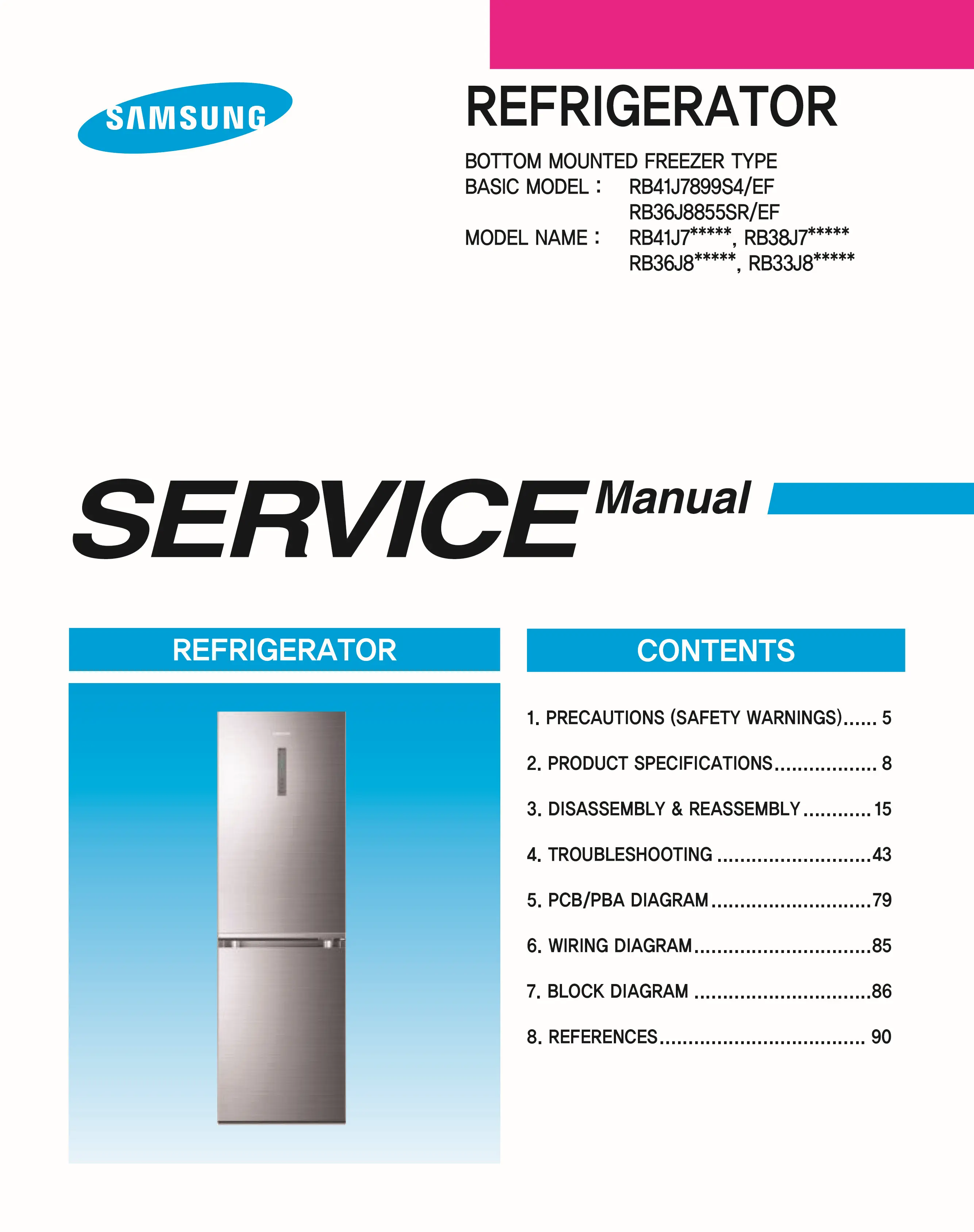 Samsung rb38j7635sa rb38j7535sr rb38j7255sr service manual cover with model code and showing a line drawing of the refrigerator