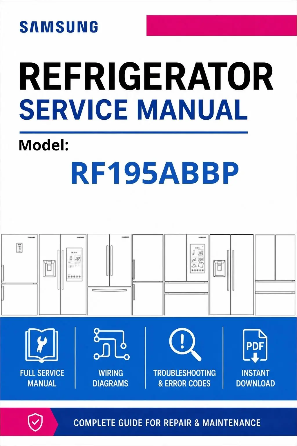 Samsung rf195abbp service manual cover with model code and showing a line drawing of the refrigerator