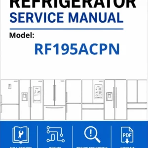 Samsung rf195acpn service manual cover with model code and showing a line drawing of the refrigerator