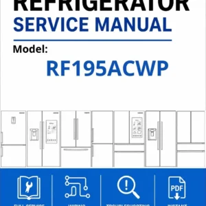 Samsung rf195acwp service manual cover with model code and showing a line drawing of the refrigerator