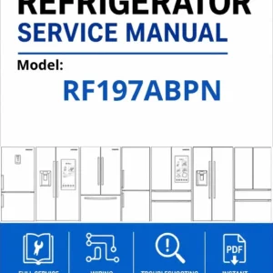 Samsung rf197abpn service manual cover with model code and showing a line drawing of the refrigerator