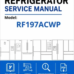 Samsung rf197acwp service manual cover with model code and showing a line drawing of the refrigerator