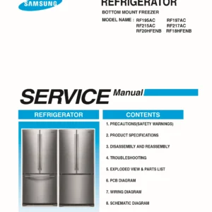 Samsung rf20hfenbsr rf20hfenbww rf20hfenbbc service manual cover with model code and showing a line drawing of the refrigerator