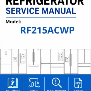 Samsung rf215acwp service manual cover with model code and showing a line drawing of the refrigerator