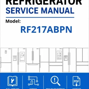 Samsung rf217abpn service manual cover with model code and showing a line drawing of the refrigerator