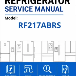Samsung rf217abrs service manual cover with model code and showing a line drawing of the refrigerator
