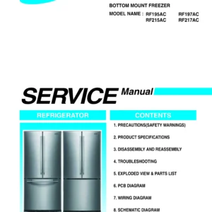Samsung rf217ac rf217acrs service manual cover with model code and showing a line drawing of the refrigerator