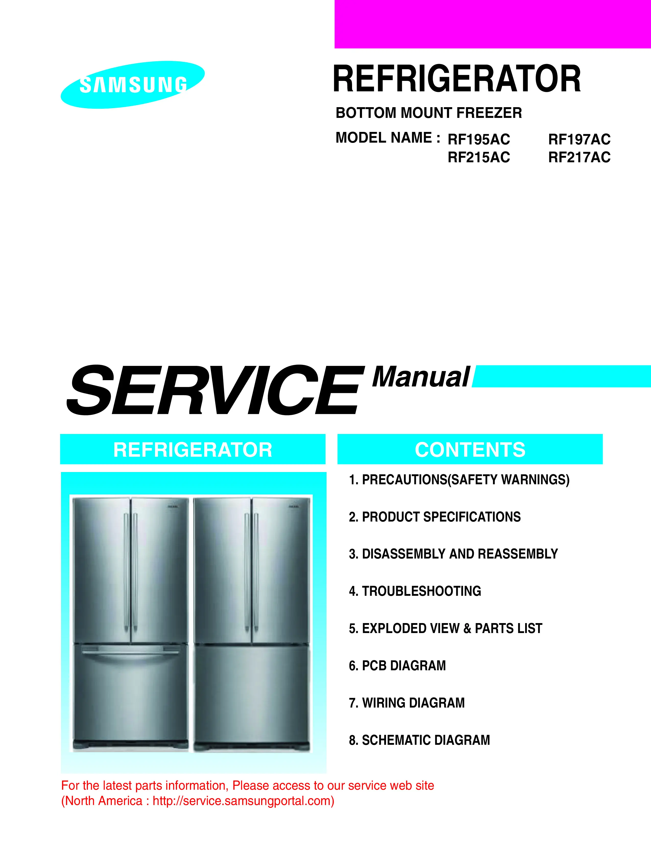 Samsung rf217ac rf217acrs service manual cover with model code and showing a line drawing of the refrigerator