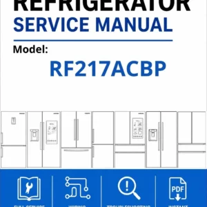 Samsung rf217acbp service manual cover with model code and showing a line drawing of the refrigerator