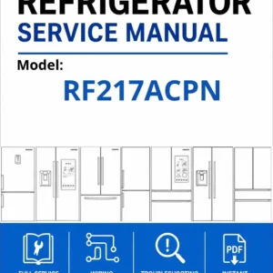 Samsung rf217acpn service manual cover with model code and showing a line drawing of the refrigerator