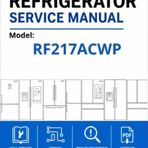 Samsung rf217acwp service manual cover with model code and showing a line drawing of the refrigerator