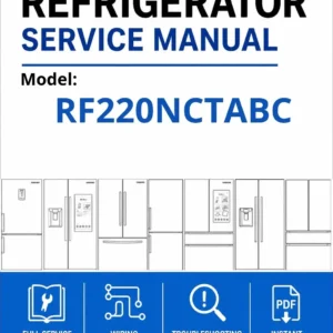 Samsung rf220nctabc service manual cover with model code and showing a line drawing of the refrigerator