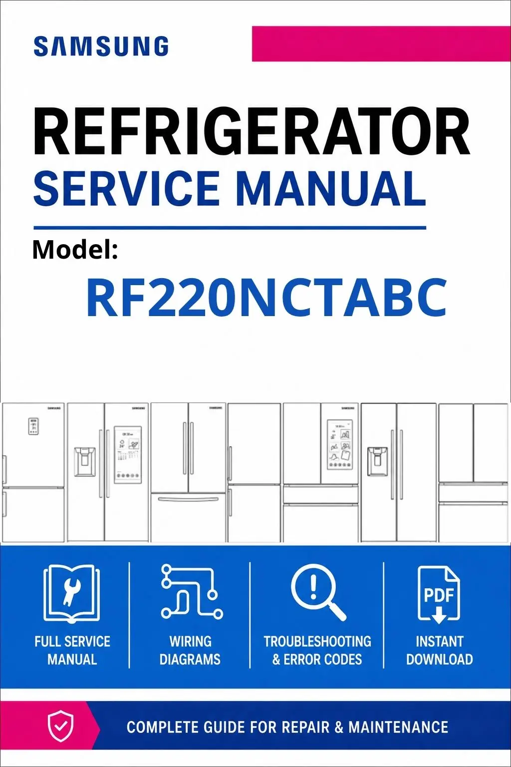 Samsung rf220nctabc service manual cover with model code and showing a line drawing of the refrigerator