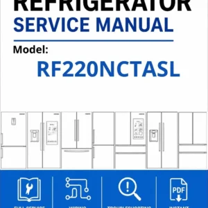 Samsung rf220nctasl service manual cover with model code and showing a line drawing of the refrigerator