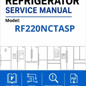 Samsung rf220nctasp service manual cover with model code and showing a line drawing of the refrigerator