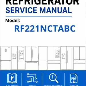 Samsung rf221nctabc service manual cover with model code and showing a line drawing of the refrigerator