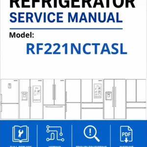 Samsung rf221nctasl service manual cover with model code and showing a line drawing of the refrigerator