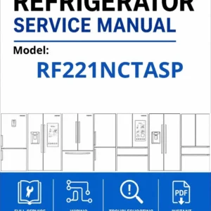 Samsung rf221nctasp service manual cover with model code and showing a line drawing of the refrigerator