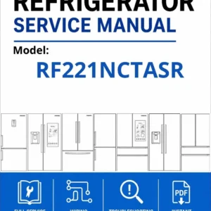 Samsung rf221nctasr service manual cover with model code and showing a line drawing of the refrigerator