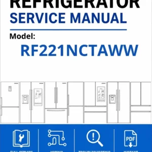 Samsung rf221nctaww service manual cover with model code and showing a line drawing of the refrigerator