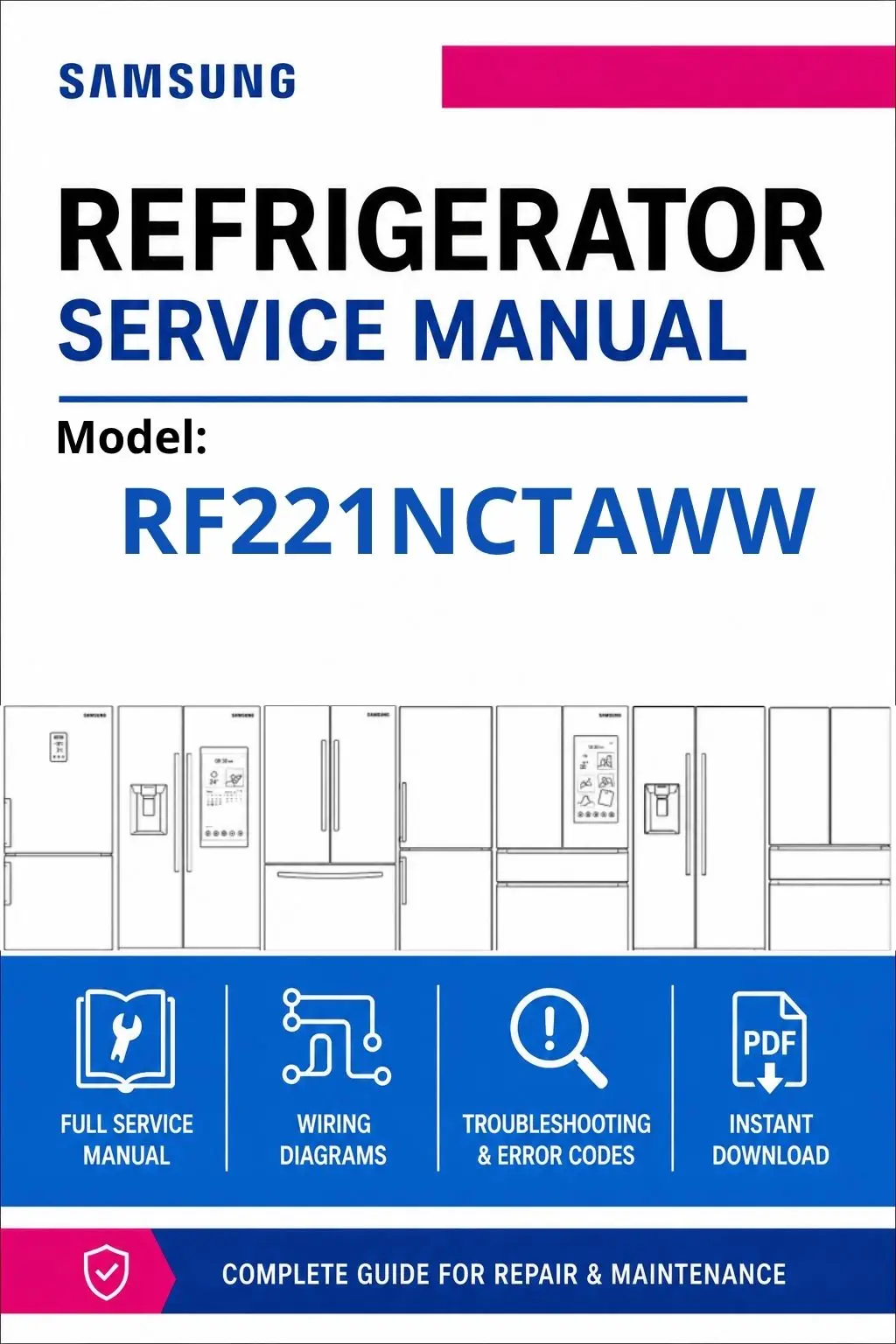 Samsung rf221nctaww service manual cover with model code and showing a line drawing of the refrigerator