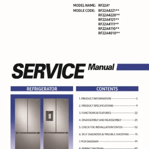 Samsung rf22a4110s9 rf22a4010s9 service manual cover with model code and showing a line drawing of the refrigerator