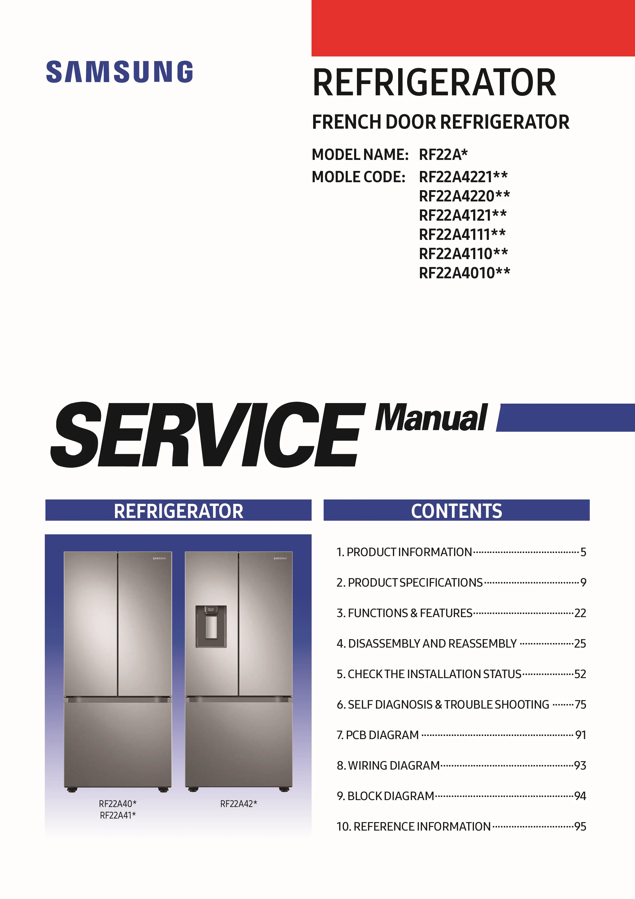 Samsung rf22a4221sr rf22a4221sg service manual cover with model code and showing a line drawing of the refrigerator