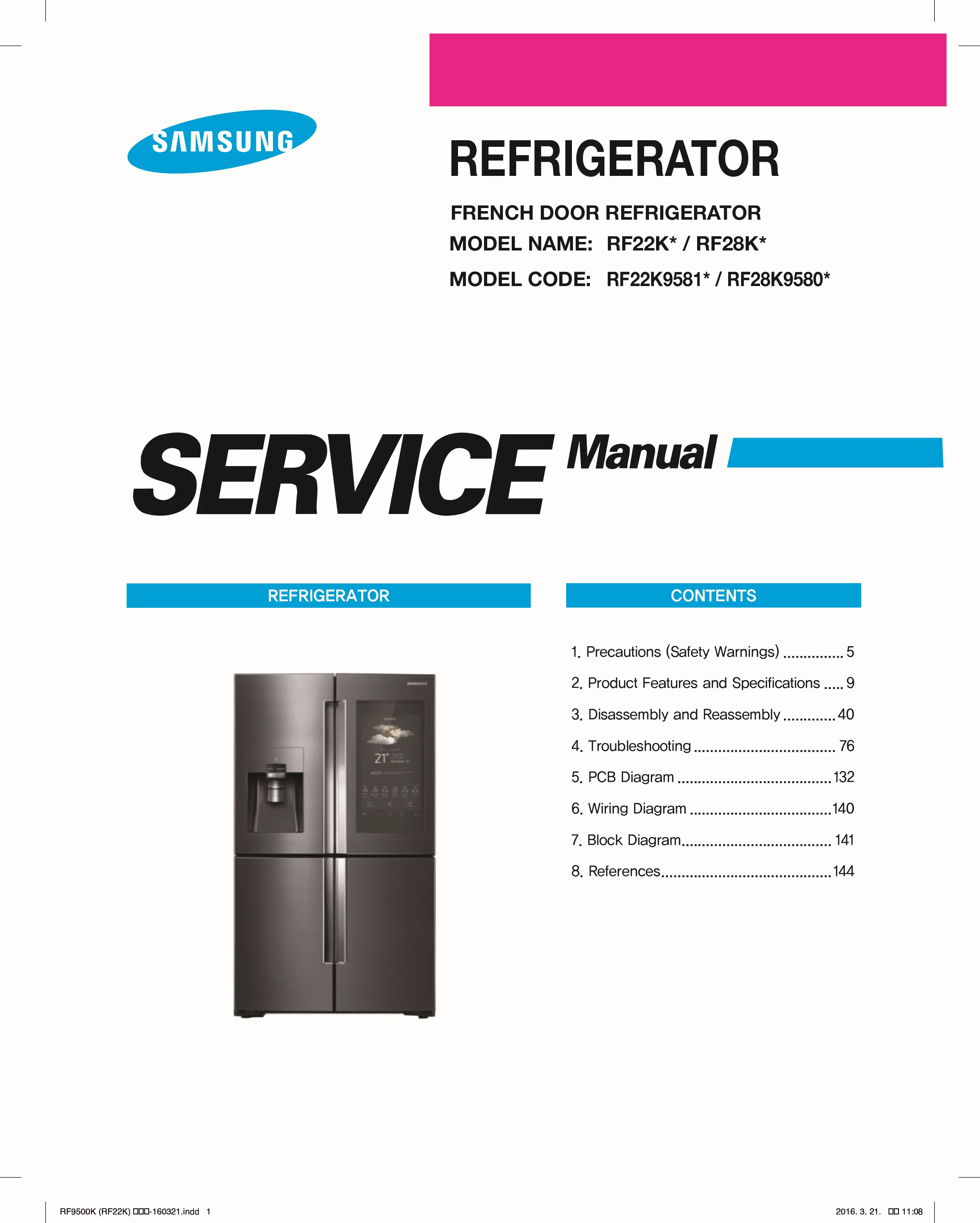 Samsung rf22k9581sr rf22k9581sg rf28k9580sr rf28k9580sg service manual cover with model code and showing a line drawing of the refrigerator
