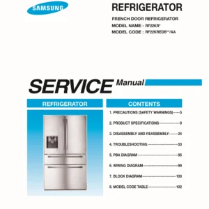 Samsung rf22kredb rf22kredbsr rf22kredbsg service manual cover with model code and showing a line drawing of the refrigerator