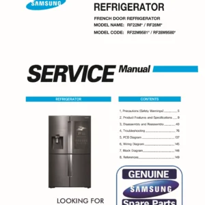 Samsung rf22m9581 rf22m9581sr rf22m9581sg service manual cover with model code and showing a line drawing of the refrigerator