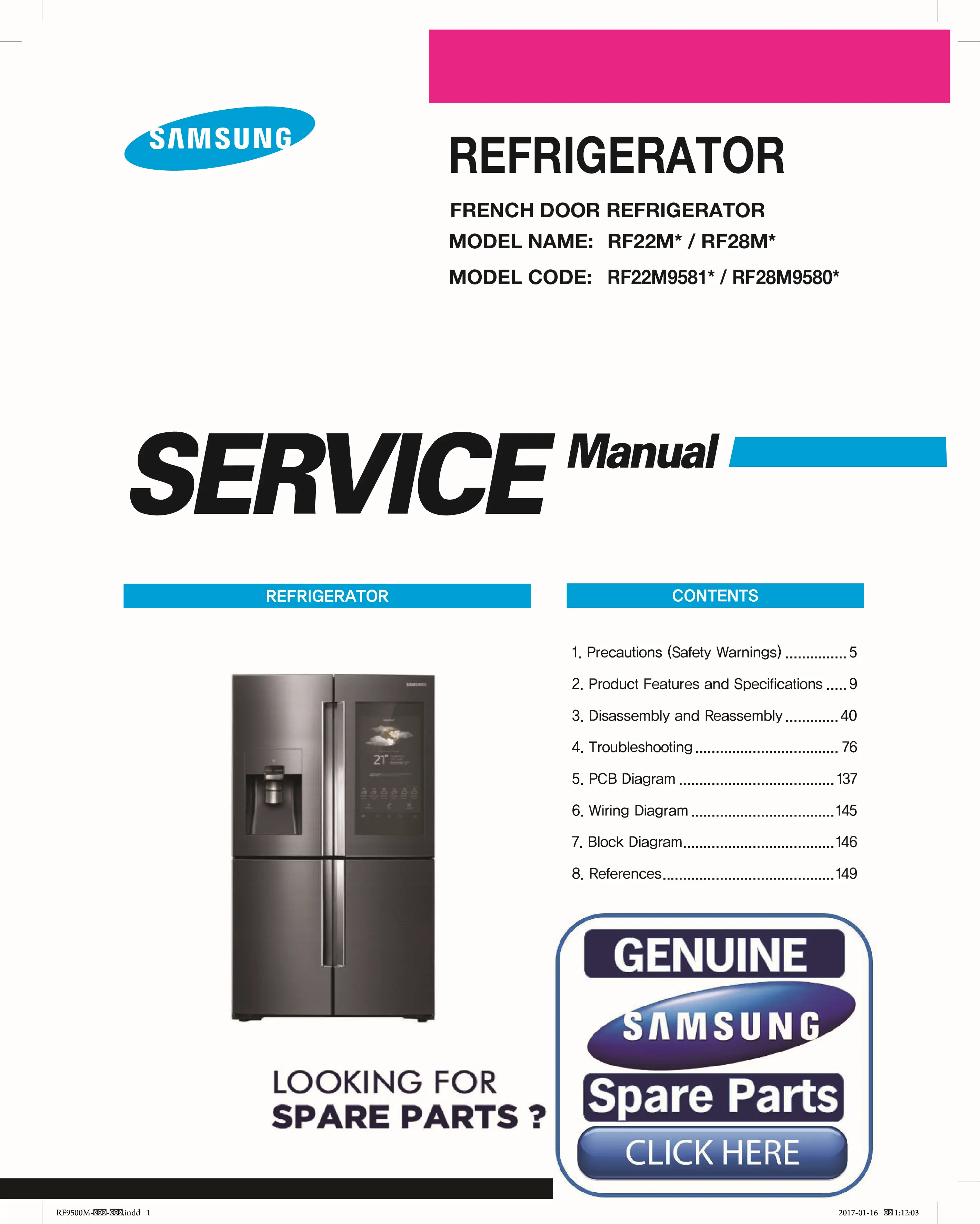 Samsung rf22m9581 rf22m9581sr rf22m9581sg service manual cover with model code and showing a line drawing of the refrigerator
