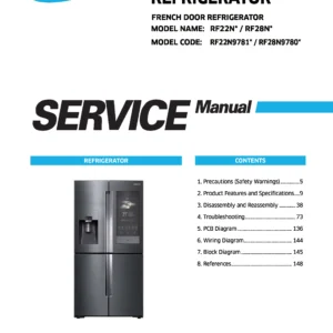 Samsung rf22n9781sg rf22n9781sr rf28n9780sg rf28n9780sr service manual cover with model code and showing a line drawing of the refrigerator