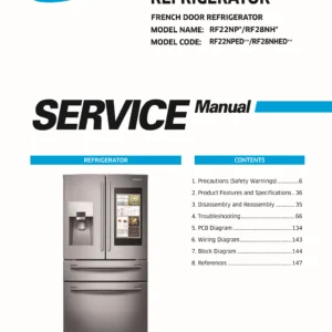 Samsung rf22npedbsr rf22npedbsg rf28nhedbsg rf28nhedbsr service manual cover with model code and showing a line drawing of the refrigerator