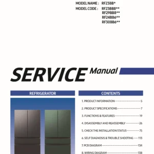 Samsung rf23bb86004m rf23bb89008m rf23bb890012 service manual cover with model code and showing a line drawing of the refrigerator