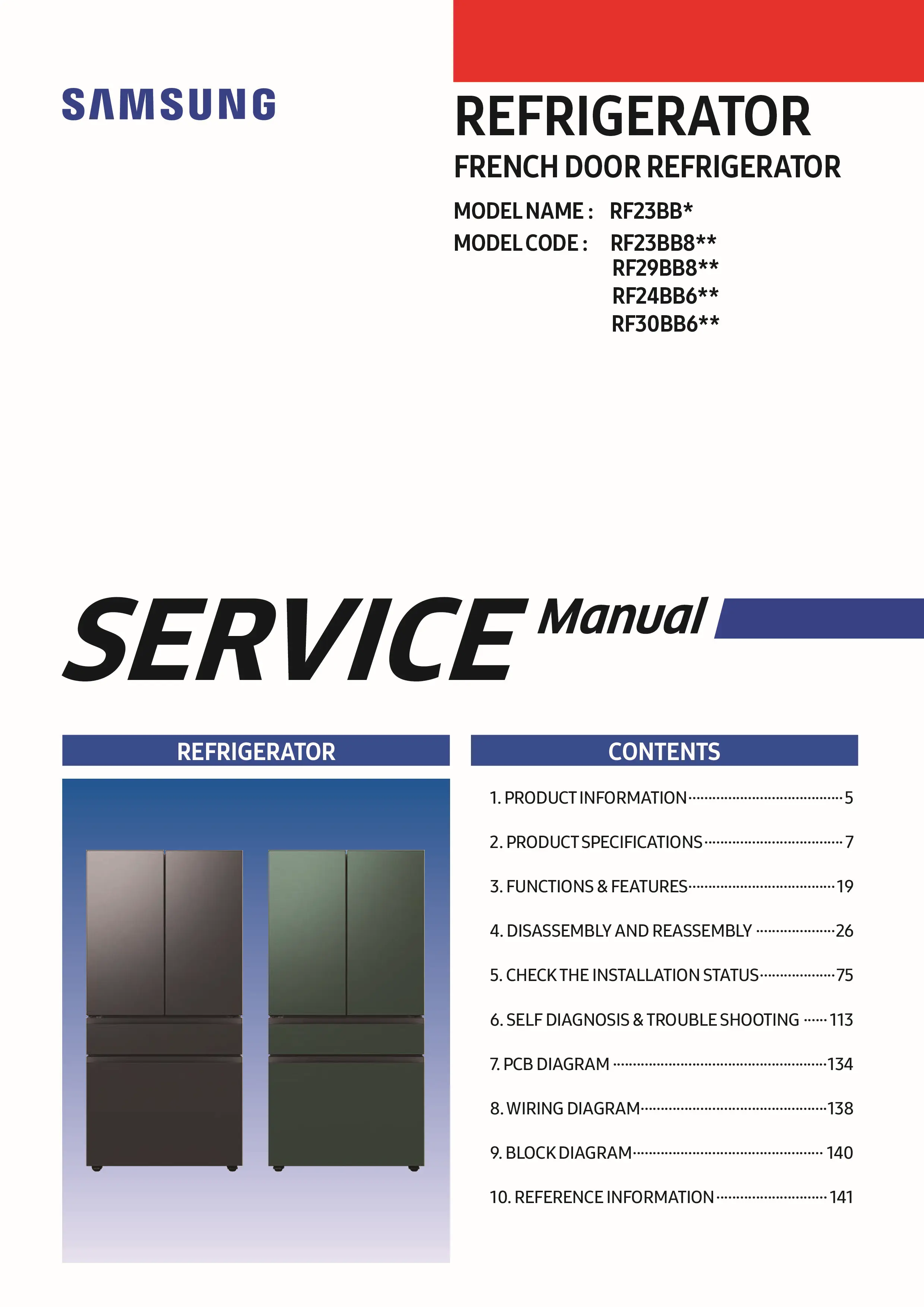 Samsung rf23bb86004m rf23bb89008m rf23bb890012 service manual cover with model code and showing a line drawing of the refrigerator