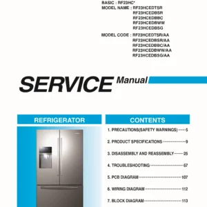 Samsung rf23hcedtsr rf23hcedbsr rf23hcedbbc rf23hcedbww service manual cover with model code and showing a line drawing of the refrigerator