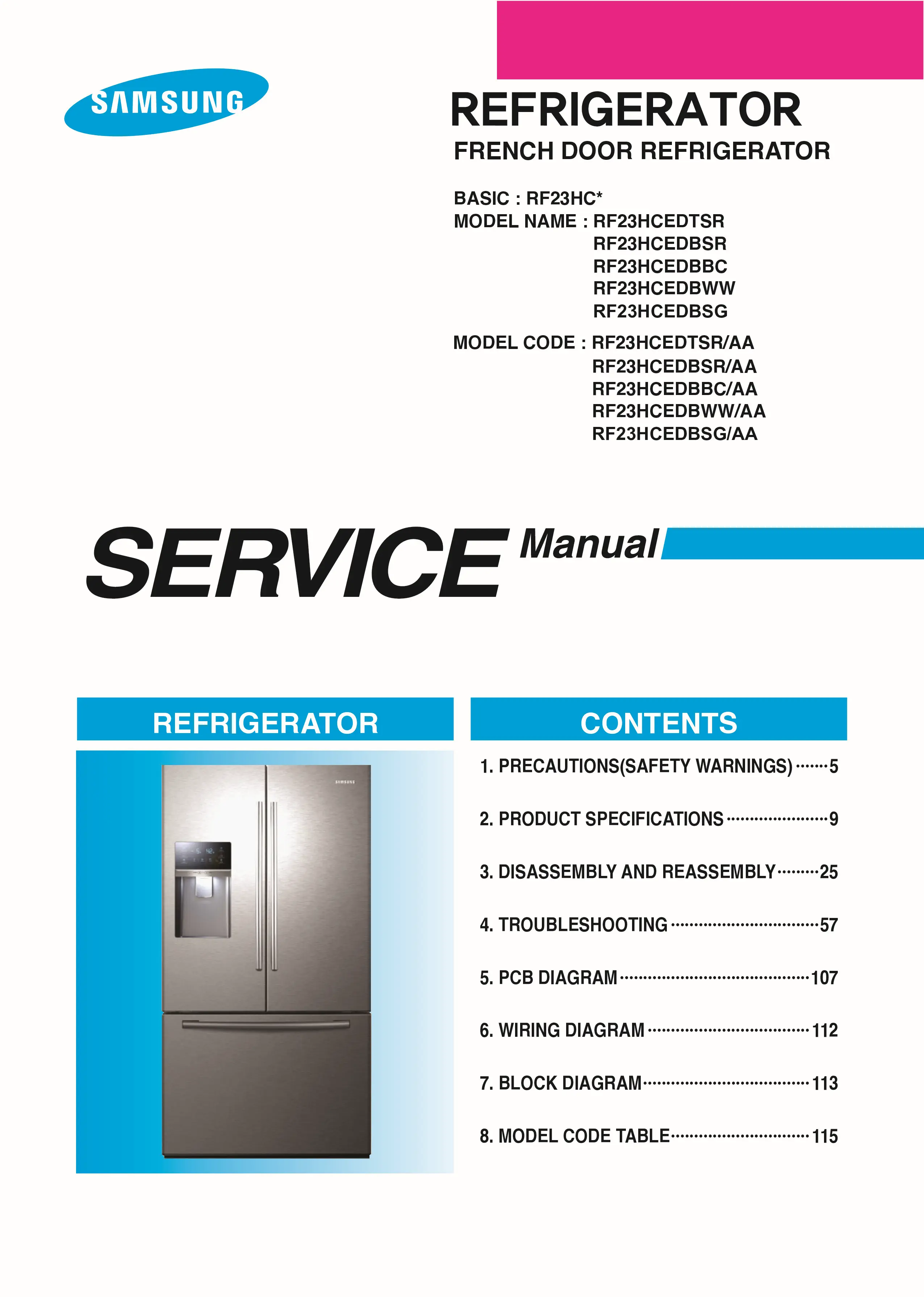 Samsung rf23hcedtsr rf23hcedbsr rf23hcedbbc rf23hcedbww service manual cover with model code and showing a line drawing of the refrigerator
