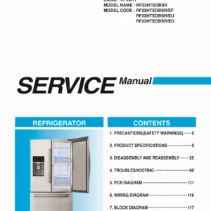 Samsung rf23htedbsr service manual cover with model code and showing a line drawing of the refrigerator